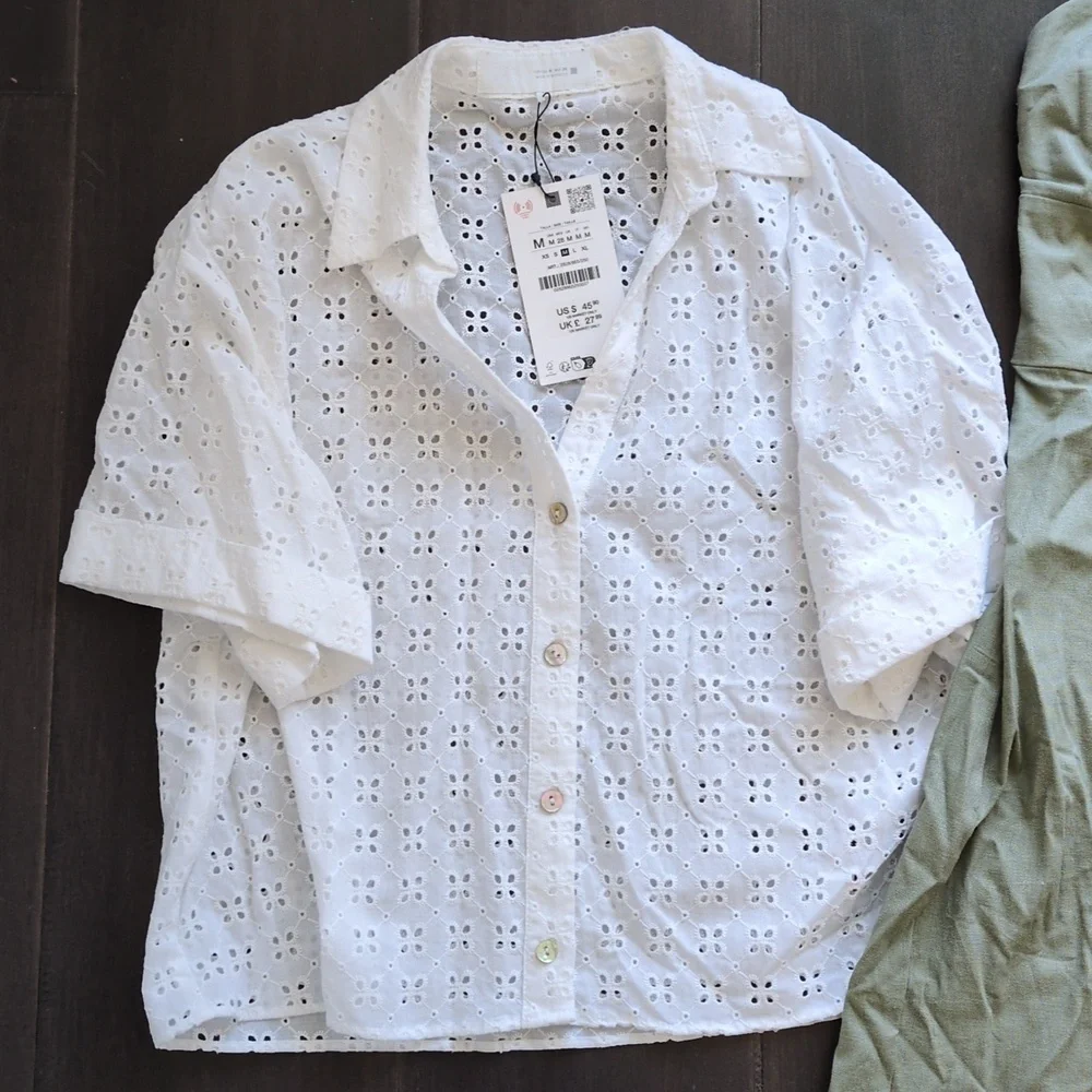 Zara Olive Green Linen Dress And Eyelet Top - Picture 2 of 6